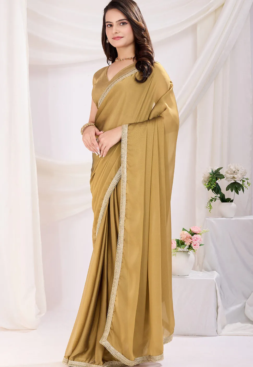 Pre-stitched Satin Georgette Saree in Beige