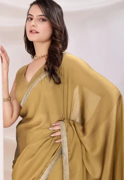 Pre-stitched Satin Georgette Saree in Beige