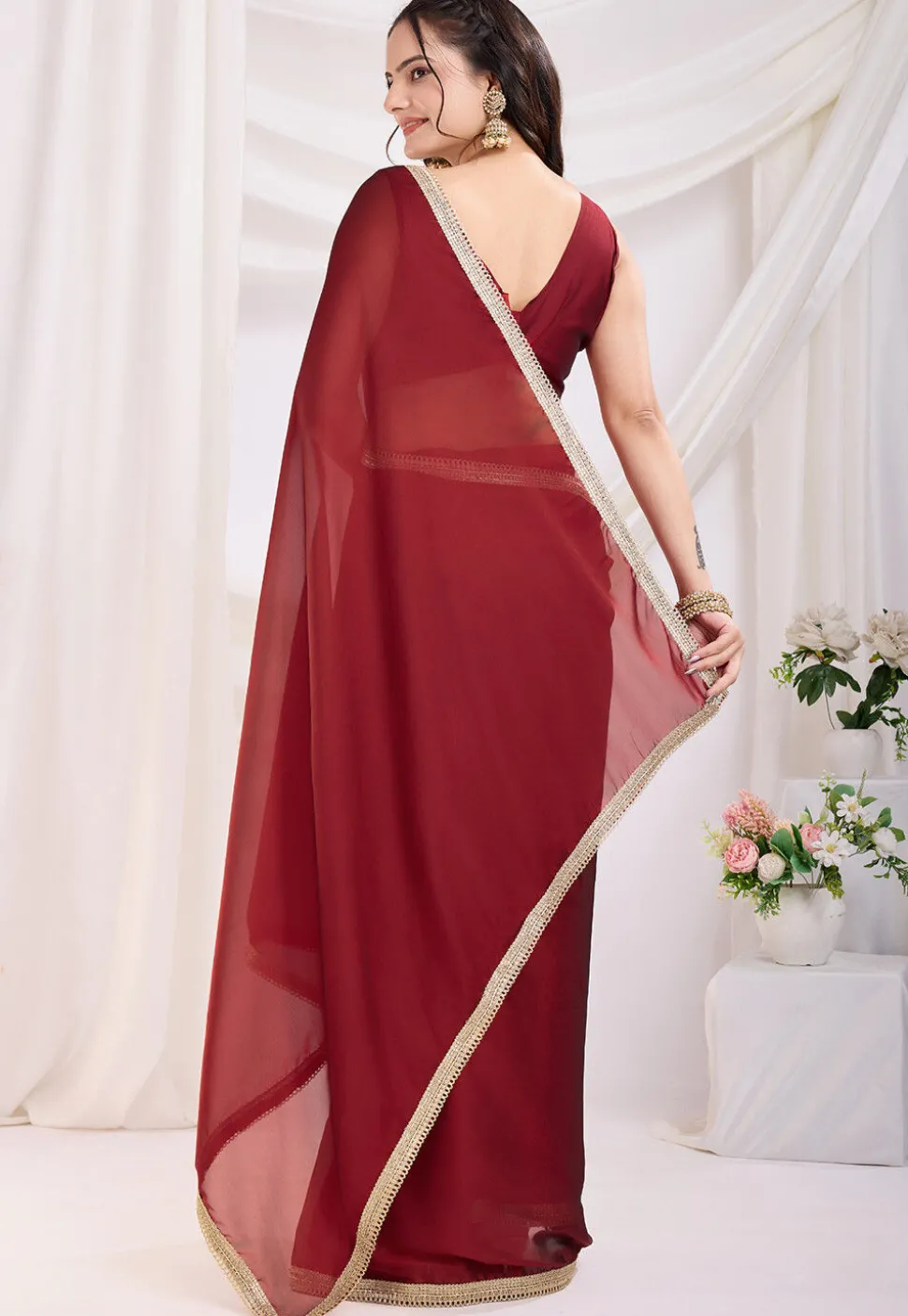 Pre-stitched Satin Georgette Saree in Maroon