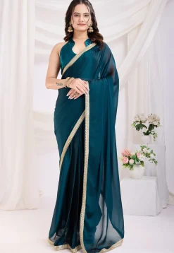 Pre-stitched Satin Georgette Saree in Teal Blue