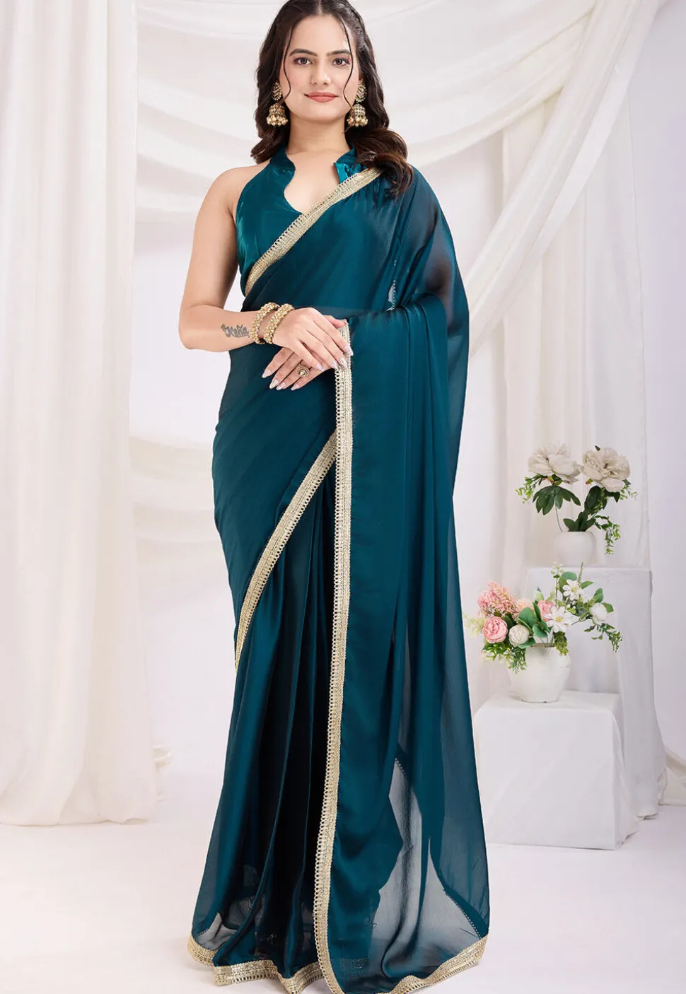 Pre-stitched Satin Georgette Saree in Teal Blue