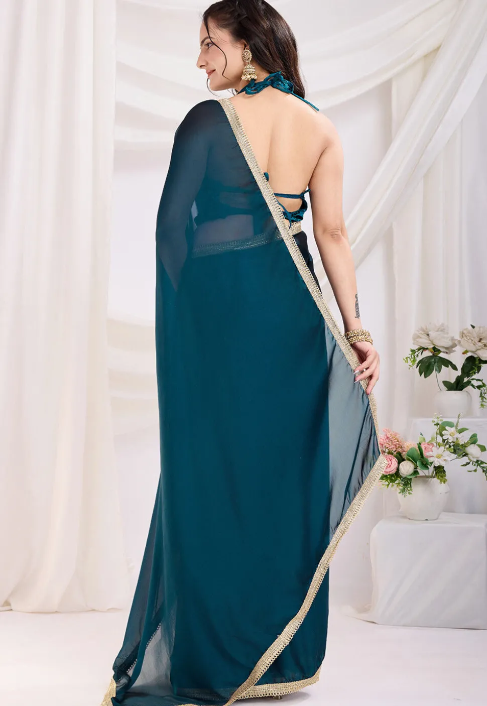 Pre-stitched Satin Georgette Saree in Teal Blue
