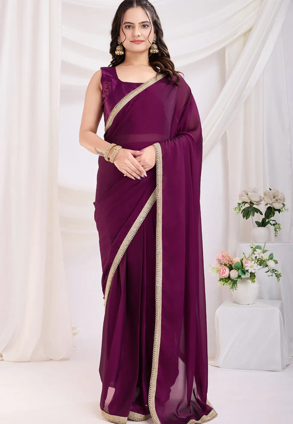 Pre-stitched Satin Georgette Saree in Purple