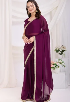 Pre-stitched Satin Georgette Saree in Purple