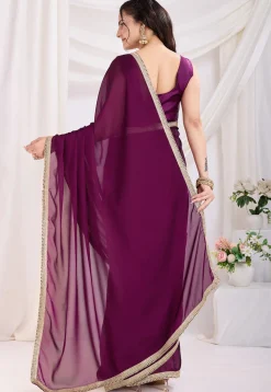 Pre-stitched Satin Georgette Saree in Purple