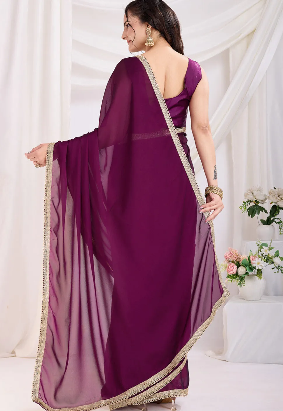 Pre-stitched Satin Georgette Saree in Purple