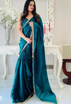 Pre-stitched Satin Saree in Teal Blue