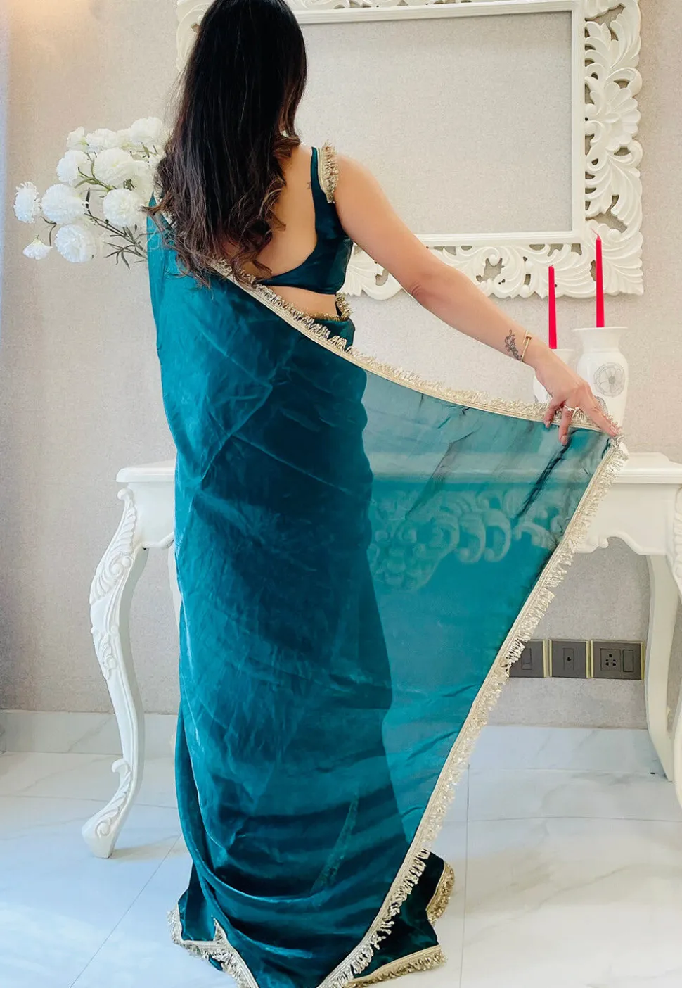 Pre-stitched Satin Saree in Teal Blue