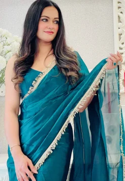 Pre-stitched Satin Saree in Teal Blue