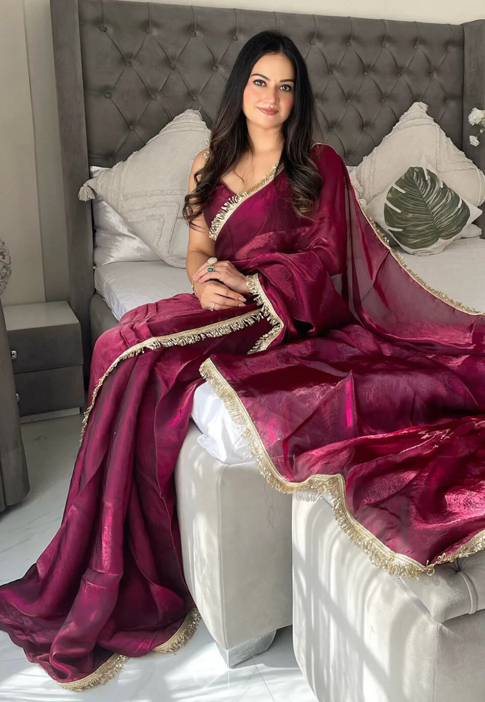 Pre-stitched Satin Saree in Purple