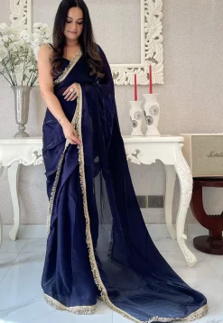 Pre-stitched Satin Saree in Navy Blue