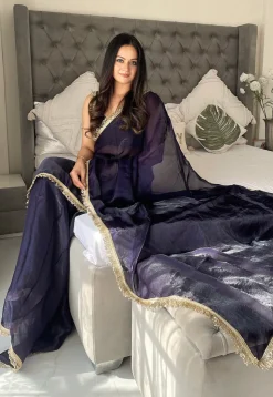 Pre-stitched Satin Saree in Navy Blue
