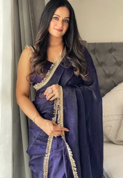 Pre-stitched Satin Saree in Navy Blue