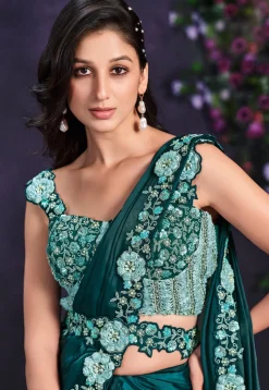 Pre-stitched Satin Saree in Teal Green