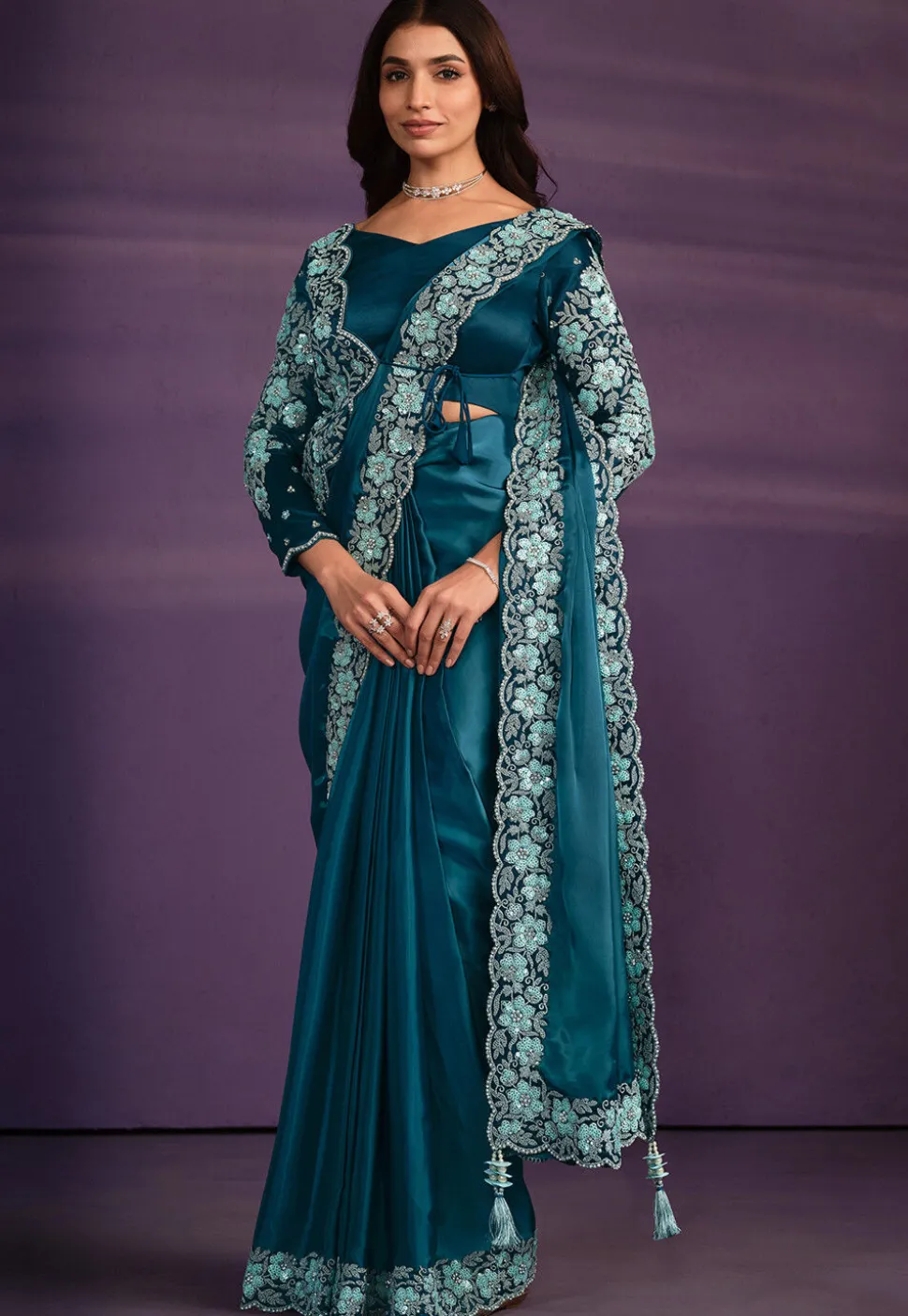 Pre-stitched Satin Saree in Teal Blue