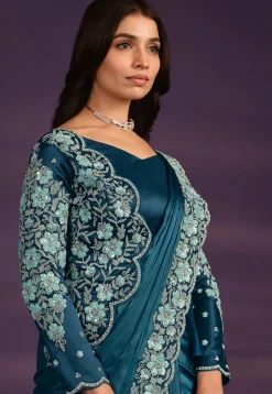 Pre-stitched Satin Saree in Teal Blue