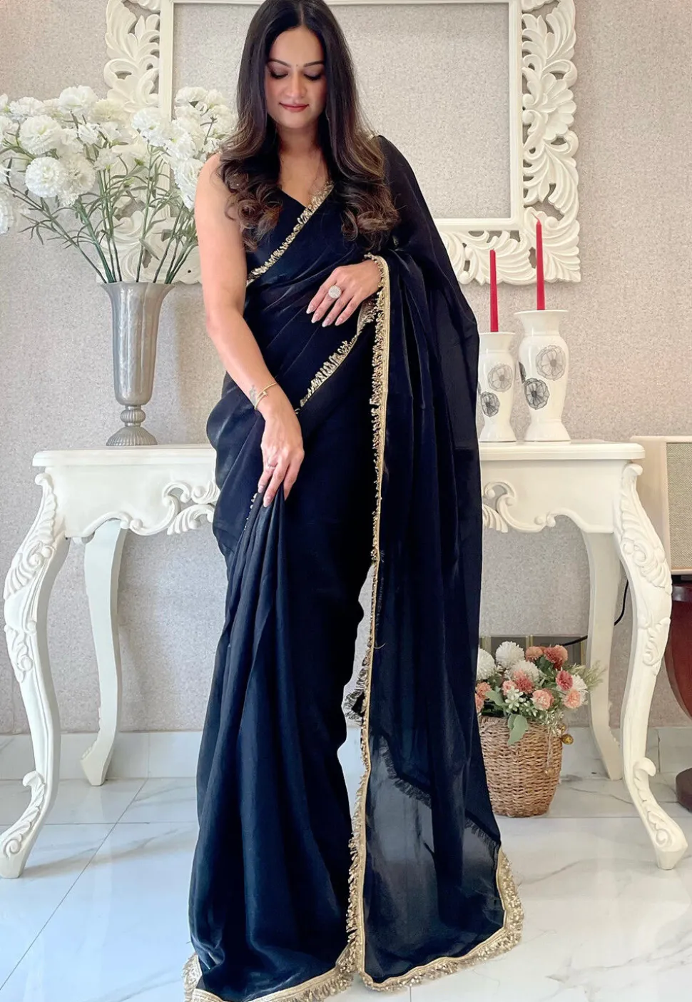 Pre-stitched Satin Saree in Black