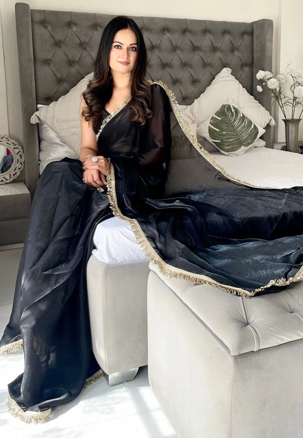 Pre-stitched Satin Saree in Black