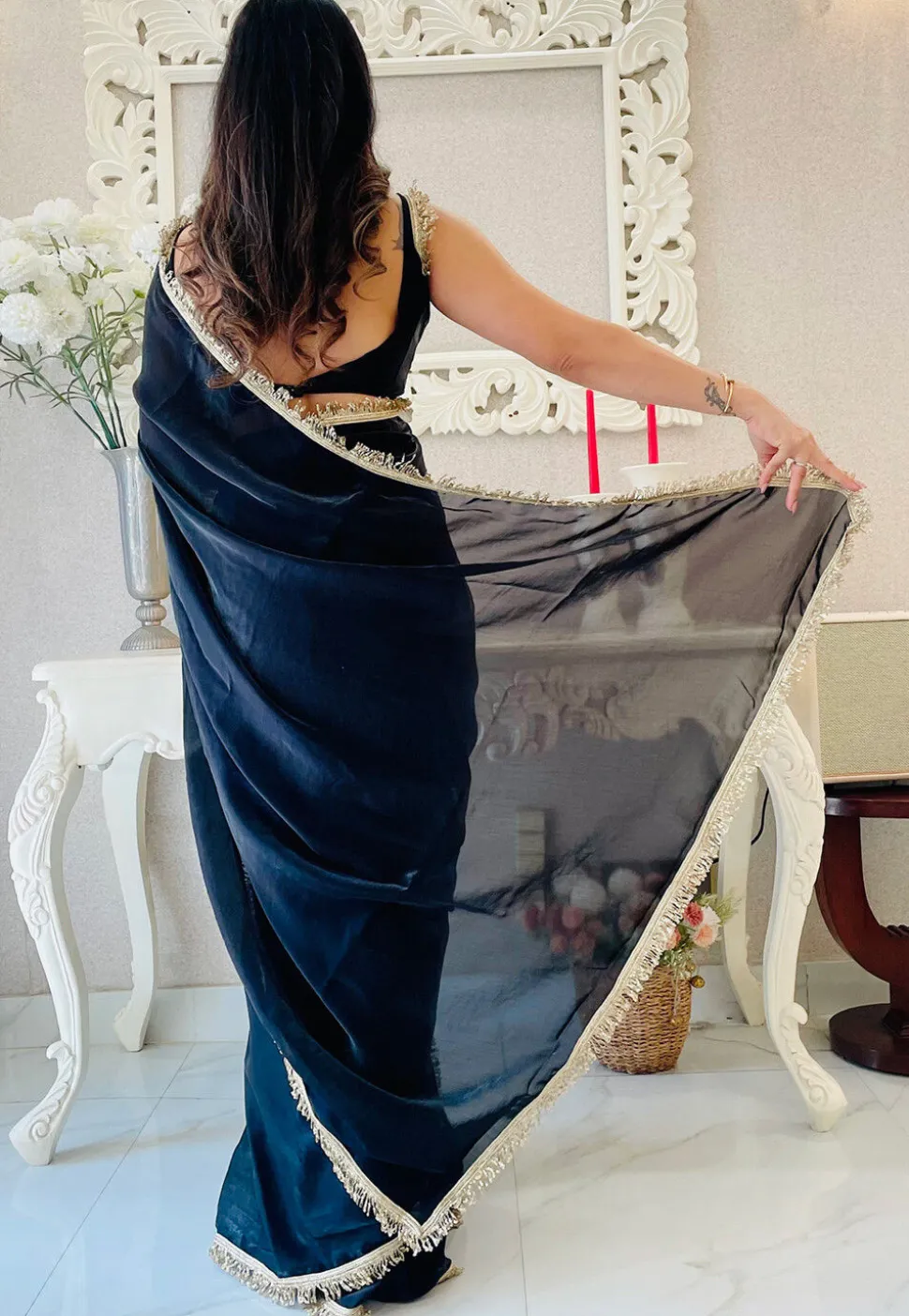 Pre-stitched Satin Saree in Black