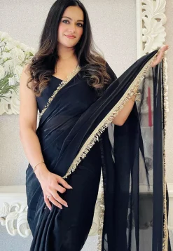 Pre-stitched Satin Saree in Black