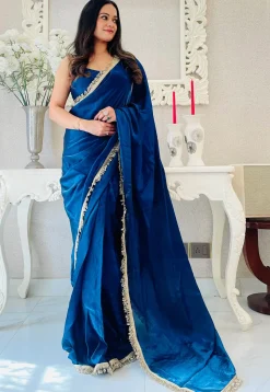Pre-stitched Satin Saree in Blue