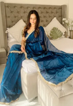 Pre-stitched Satin Saree in Blue