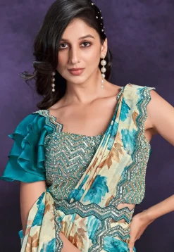 Pre-stitched Satin Saree in Cream