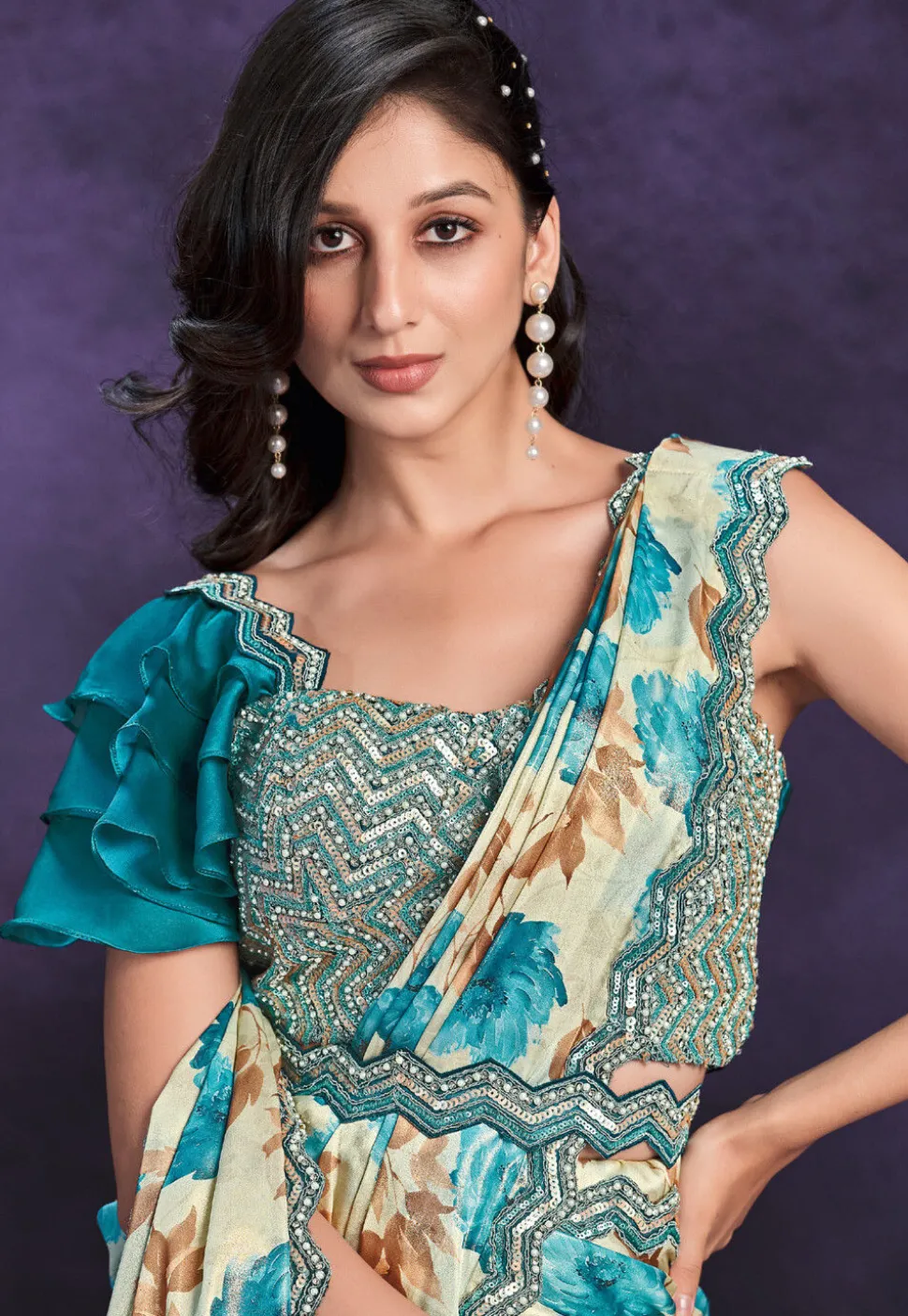 Pre-stitched Satin Saree in Cream