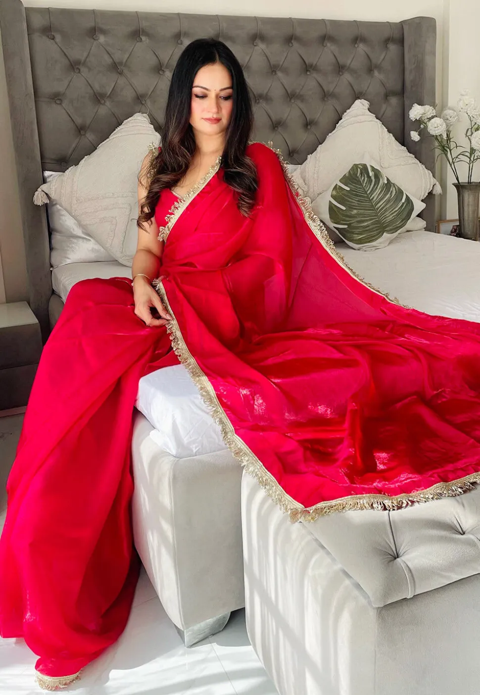 Pre-stitched Satin Saree in Red
