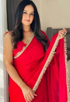 Pre-stitched Satin Saree in Red