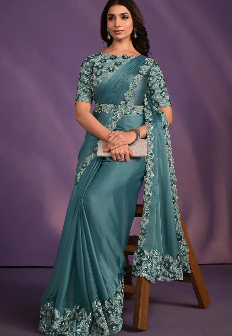 Pre-stitched Satin Scalloped Saree in Blue