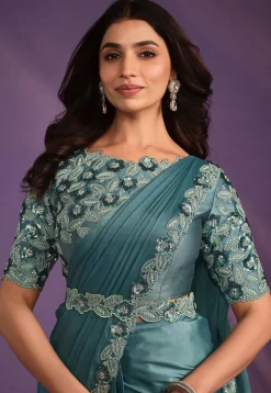 Pre-stitched Satin Scalloped Saree in Blue