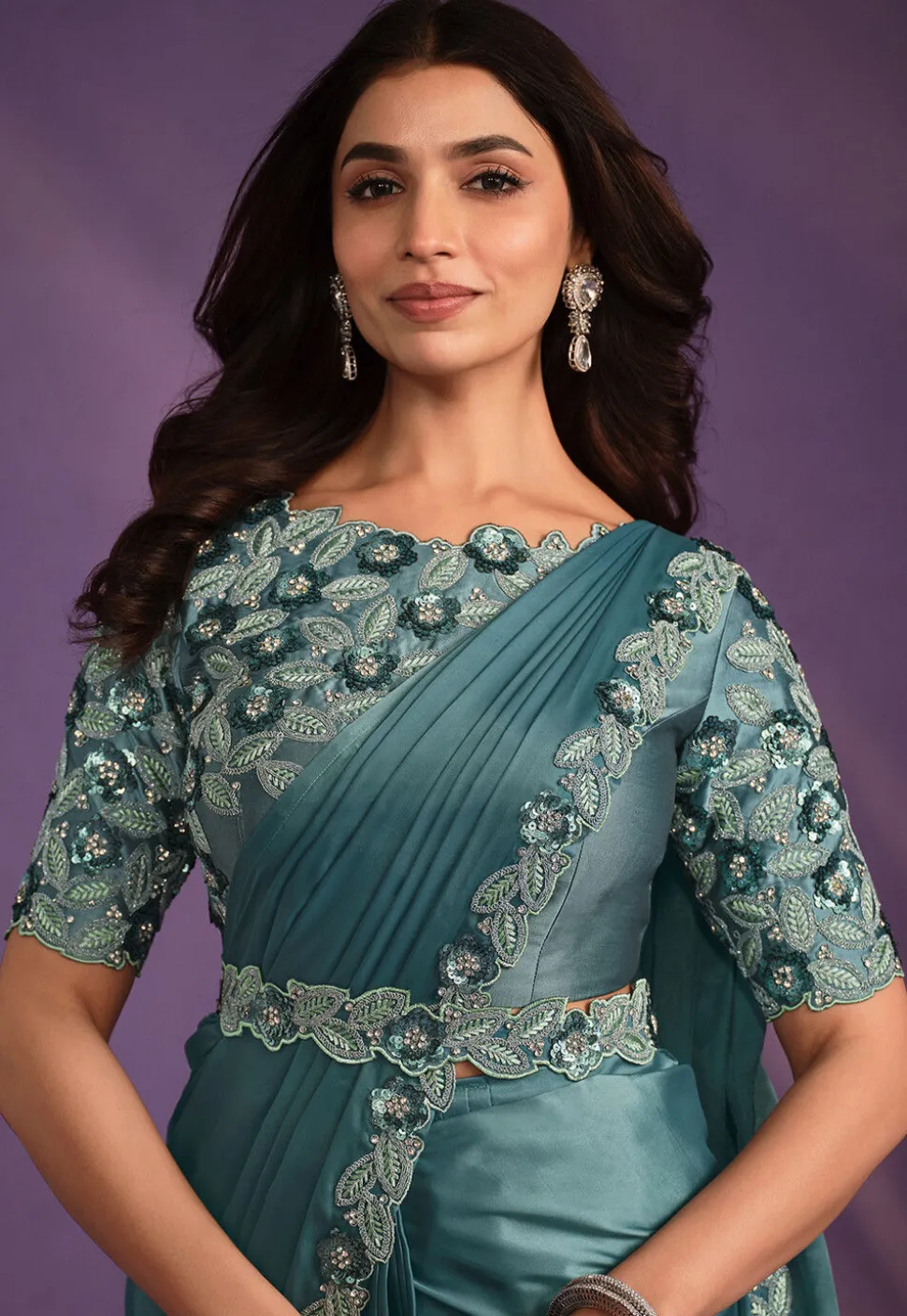 Pre-stitched Satin Scalloped Saree in Blue