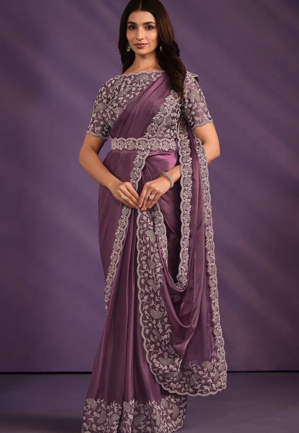 Pre-stitched Satin Scalloped Saree in Purple