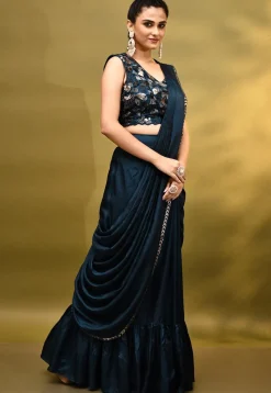 Pre-stitched Shantoon Silk Saree in Navy Blue