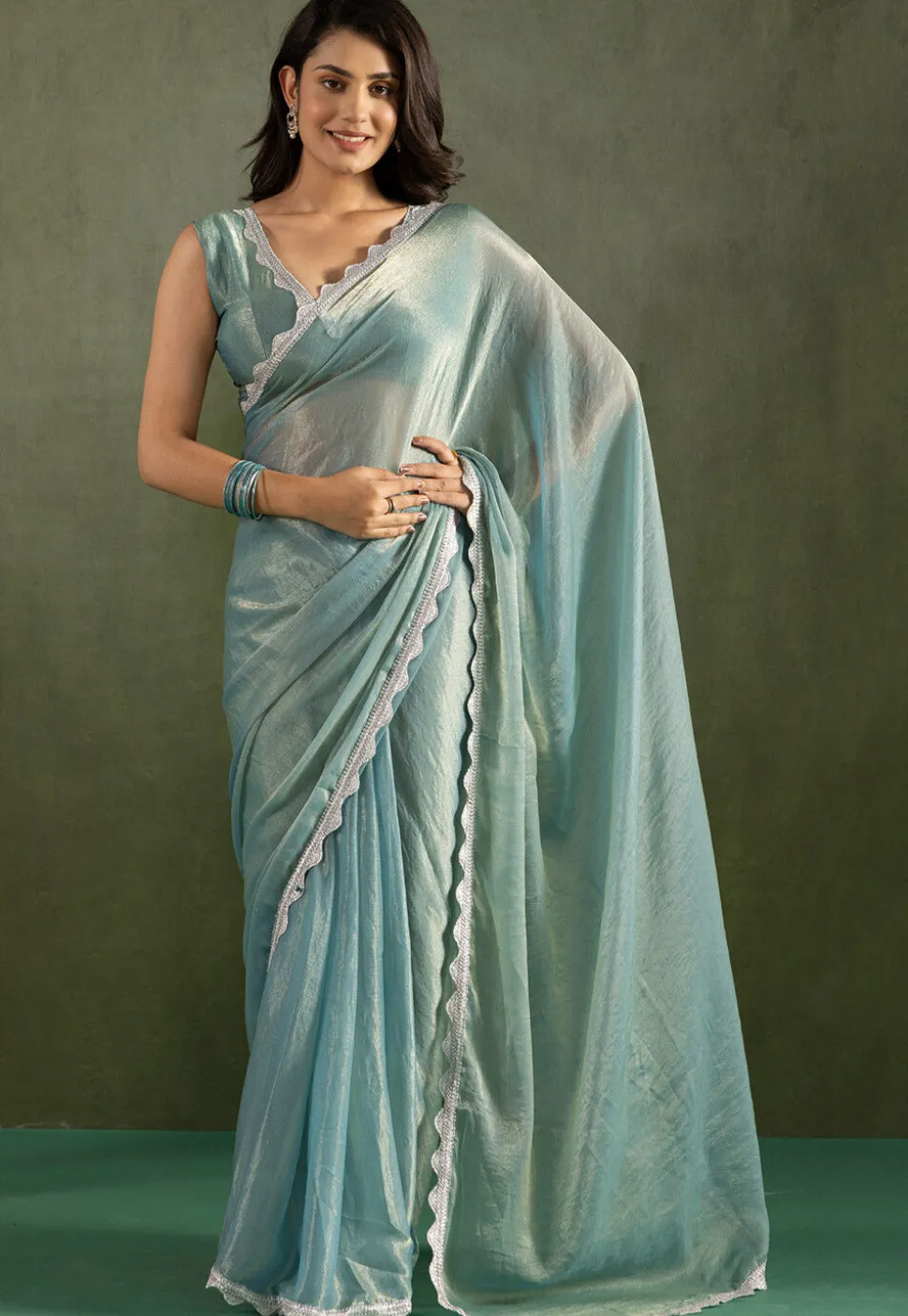 Pre-stitched Tissue Saree in Blue