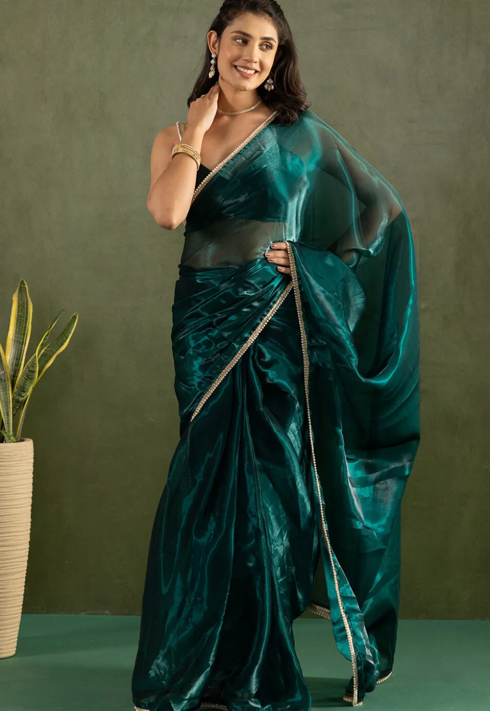 Pre-stitched Tissue Saree in Blue