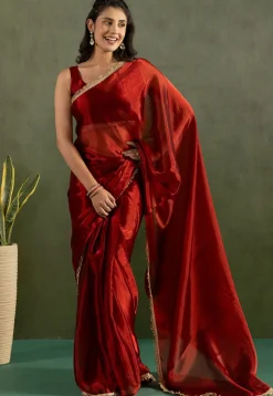 Pre-stitched Tissue Saree in Red
