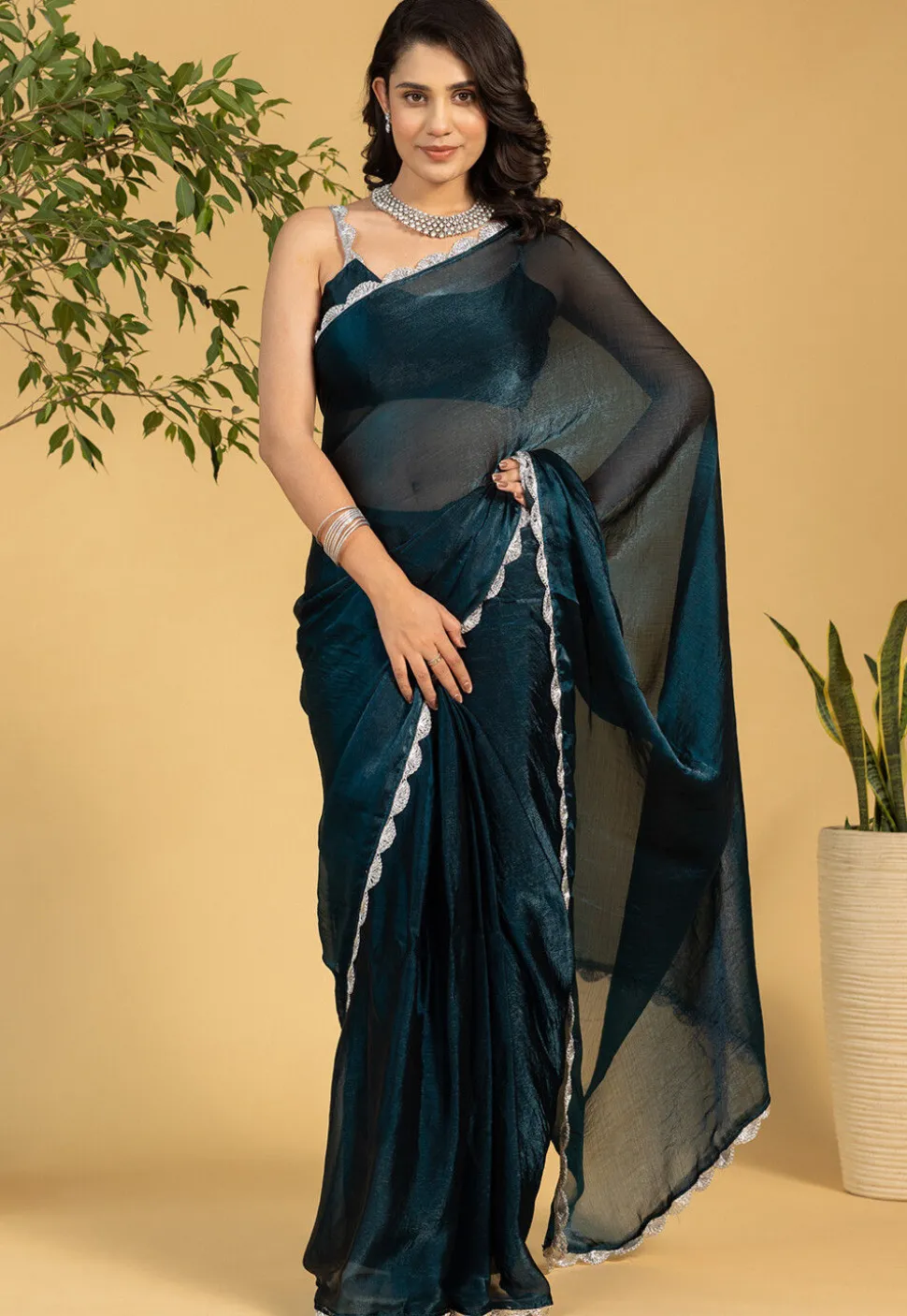 Pre-stitched Tissue Saree in Teal Blue