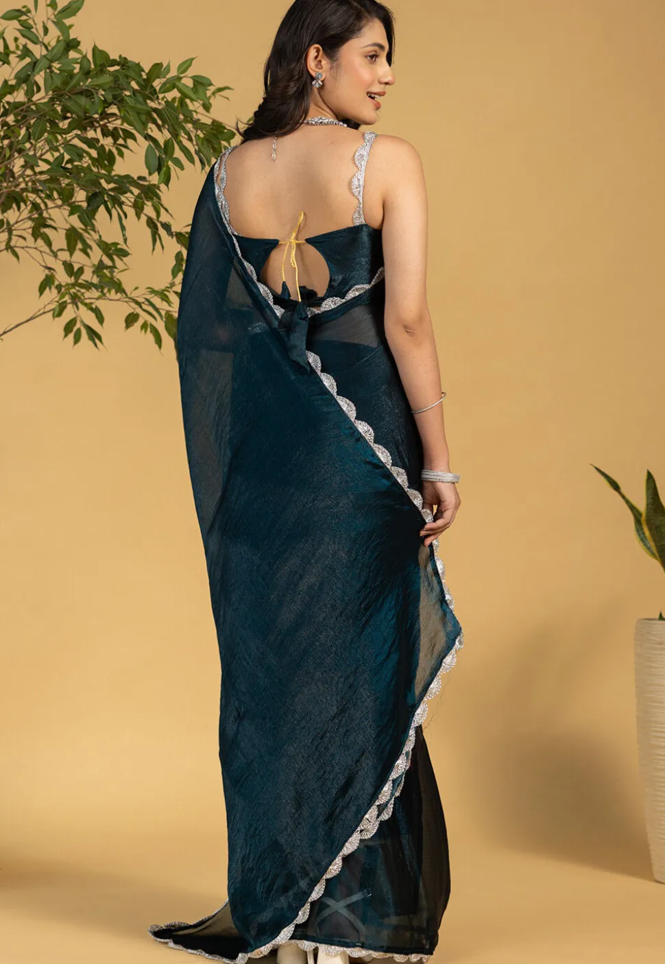Pre-stitched Tissue Saree in Teal Blue
