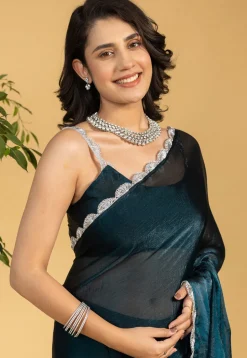 Pre-stitched Tissue Saree in Teal Blue