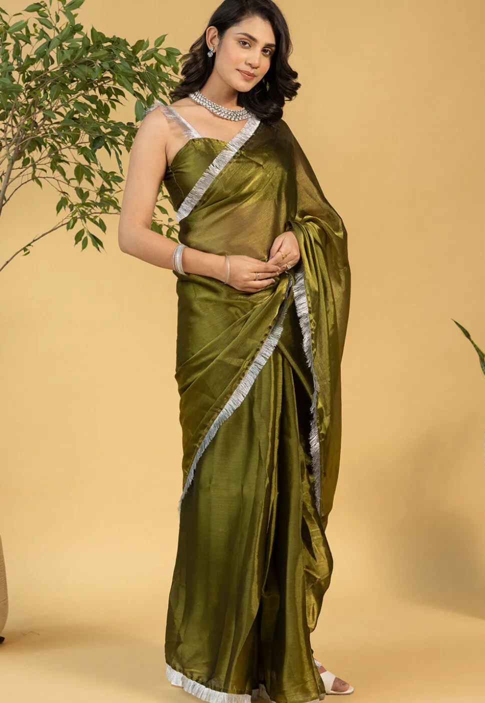 Pre-stitched Tissue Saree in Olive Green
