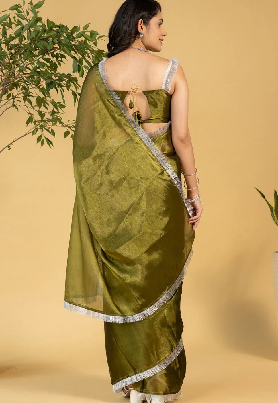 Pre-stitched Tissue Saree in Olive Green