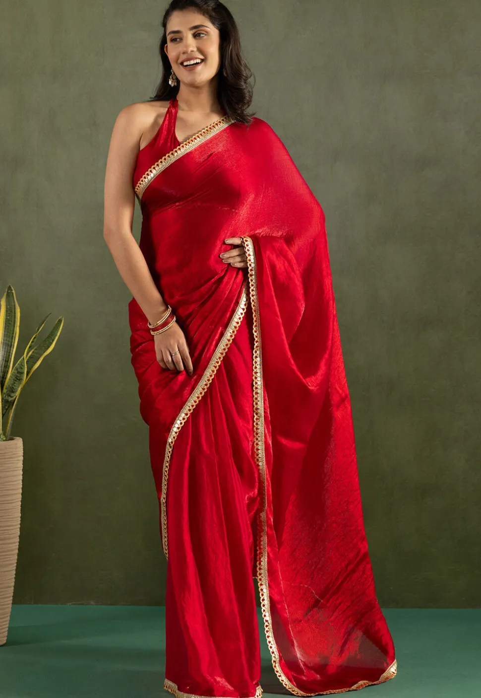 Pre-stitched Tissue Saree in Red