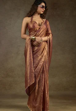 Pre-stitched Tissue Scalloped Saree in Rust