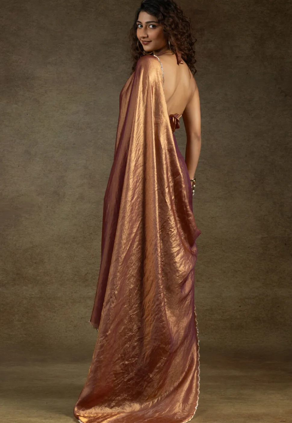 Pre-stitched Tissue Scalloped Saree in Rust