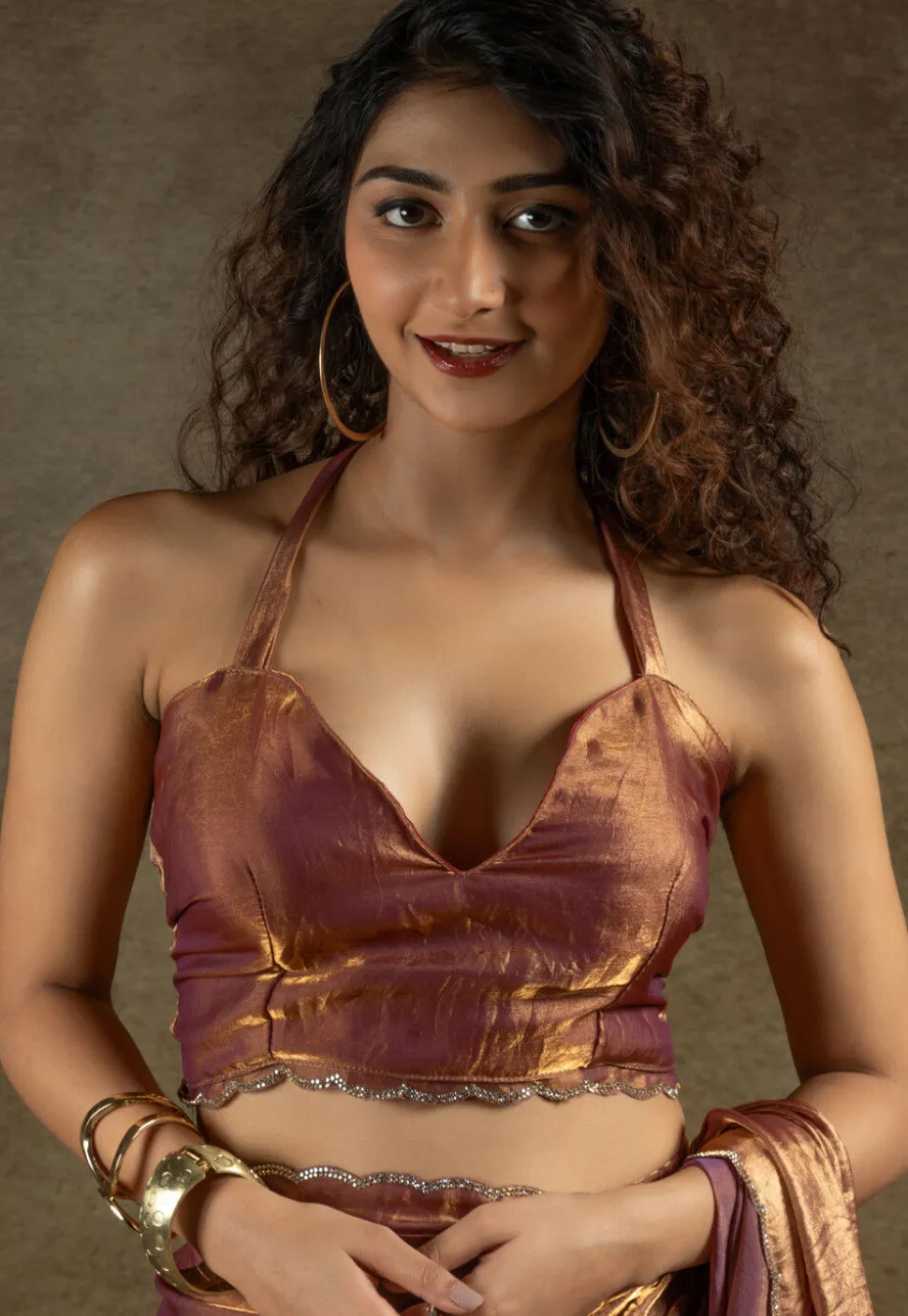Pre-stitched Tissue Scalloped Saree in Rust