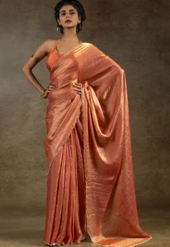 Pre-stitched Tissue Scalloped Saree in Rust
