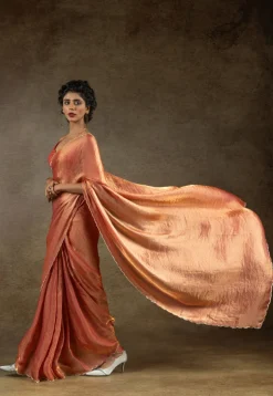 Pre-stitched Tissue Scalloped Saree in Rust
