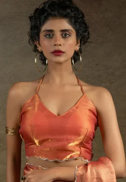Pre-stitched Tissue Scalloped Saree in Rust